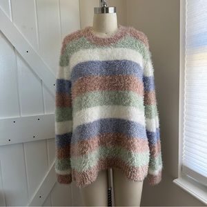 Fuzzy & Iridescent Metallic Eyelash Striped Sweater
